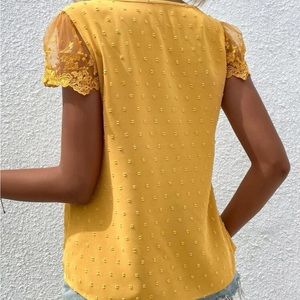 Swiss Dot Guipure Lace Detail Contrast Embroidered Mesh Blouse